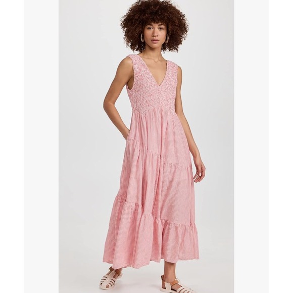 Free People Dresses & Skirts - Free People Pink Striped 100% Cotten Tiered Maxi Dress